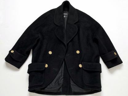 (10462_0133) CHANEL Fall/Winter 1990 Runway Woolmossa Big Coat 34 Black Coat