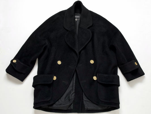 (10462_0133) CHANEL Fall/Winter 1990 Runway Woolmossa Big Coat 34 Black Coat
