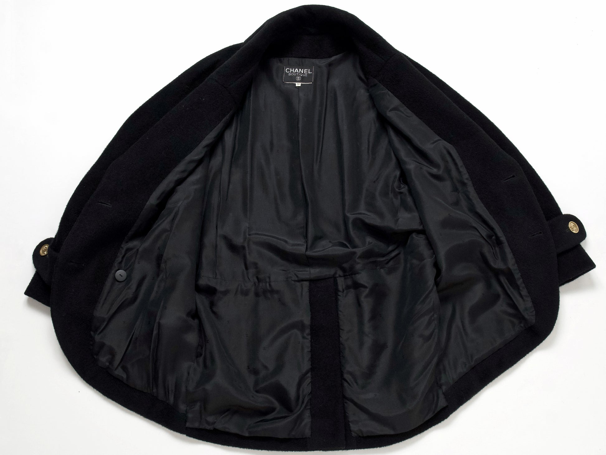(10462_0133) CHANEL Fall/Winter 1990 Runway Woolmossa Big Coat 34 Black Coat