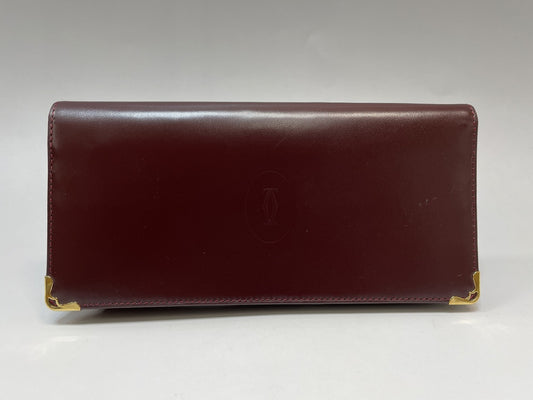 (10461_0064) Cartier Unused Cartier Mastline Genuine Leather Bi-Fold Long Wallet Bordeaux Gold Fittings Coin Purse Wallet