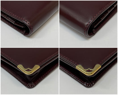 (10461_0064) Cartier Unused Cartier Mastline Genuine Leather Bi-Fold Long Wallet Bordeaux Gold Fittings Coin Purse Wallet