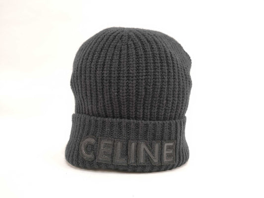 (10462_0188) CELINE Knit Hat Black/Wool/Lambskin Other Apparel