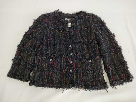 (10462_0113) CHANEL CHANEL Black Purple Jacket Pearl Button 34 Jacket