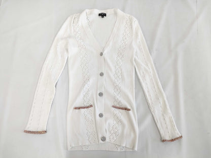 (10462_0109) CHANEL CHANEL White Knitted Cardigan Spare Yarn Button Size 38 Cardigan