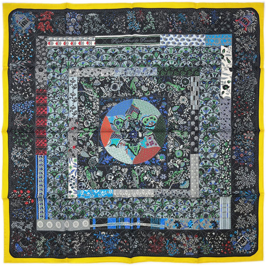 (10462_0046) HERMES Hermes Scarf HERMES Sordo Carlet Twill Silk 100% 90CMS PIQUE FLEURI DE PROVENCE Floral Botanical Black Yellow Scarf