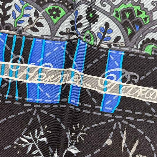 (10462_0046) HERMES Hermes Scarf HERMES Sordo Carlet Twill Silk 100% 90CMS PIQUE FLEURI DE PROVENCE Floral Botanical Black Yellow Scarf