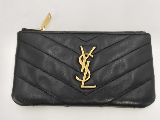 (10461_0051) Yves Saint Laurent Monogram V-Stitch Keyring Coin Case Leather Black 438386 Coin Case