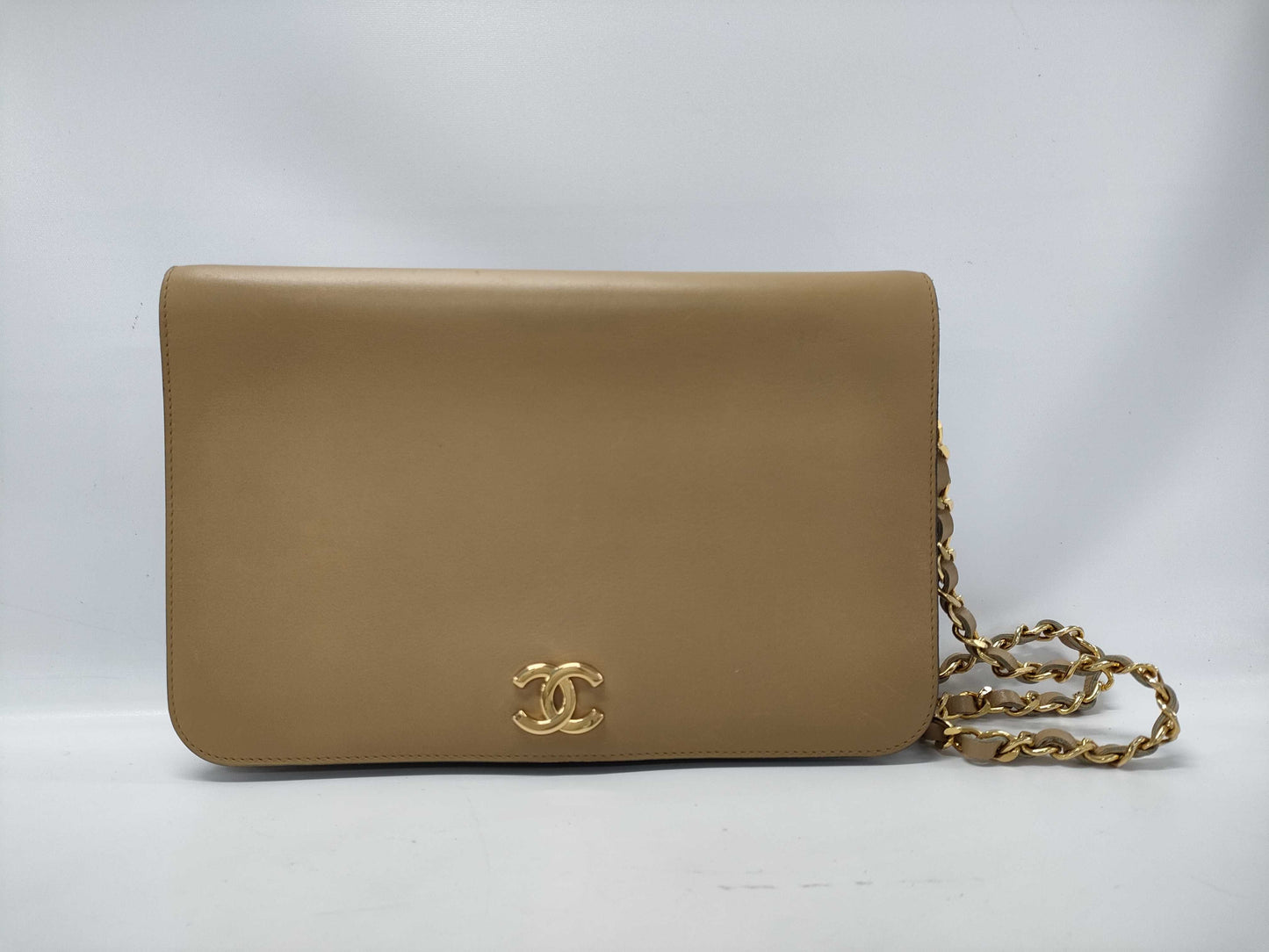 CHANEL Calfskin Chain Shoulder Bag Beige Bag