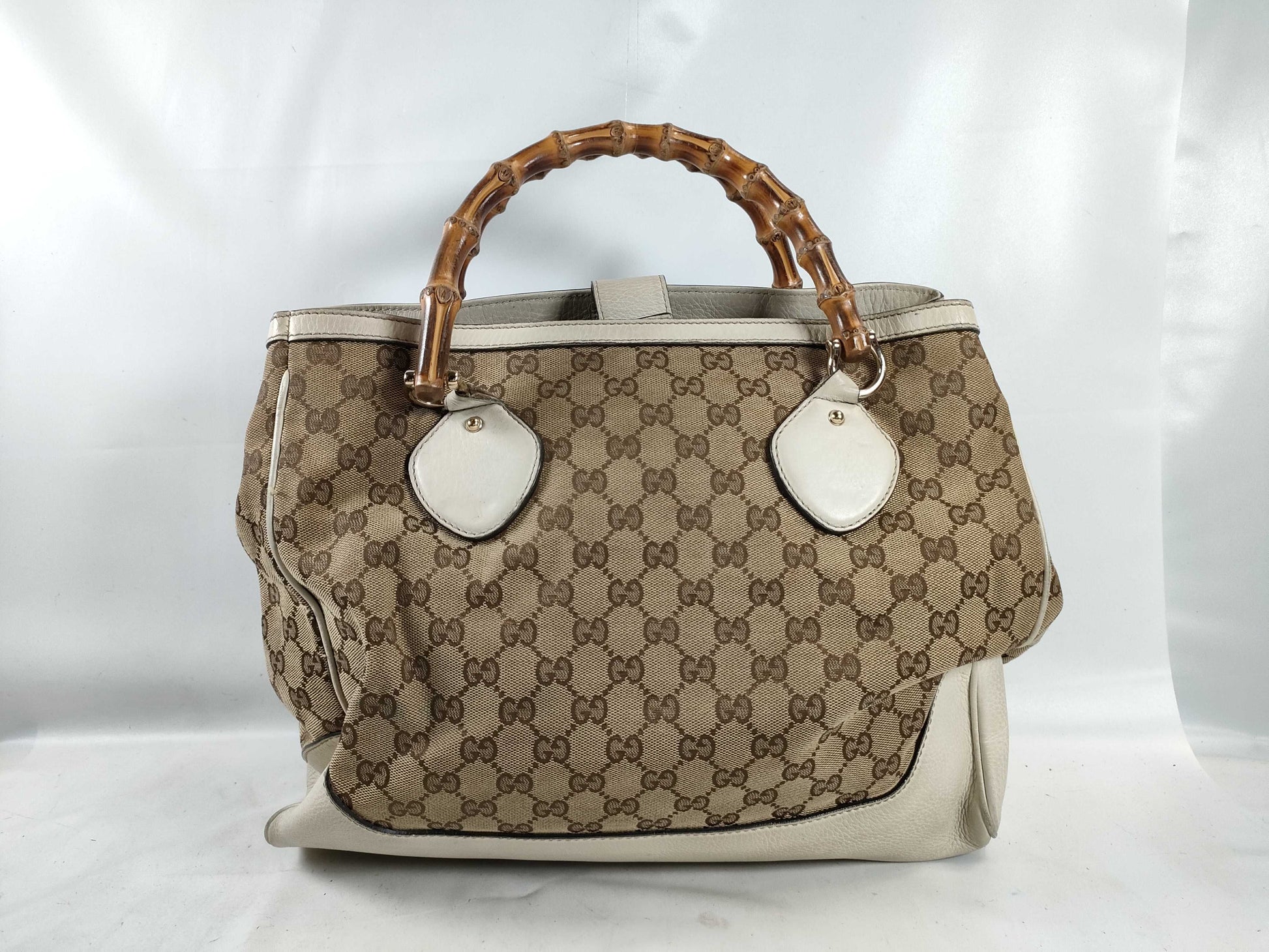 GUCCI Bamboo ID - Gucci GG Canvas Bamboo Canvas and Leather Tote Bag Beige and White 282317 Tote Bag