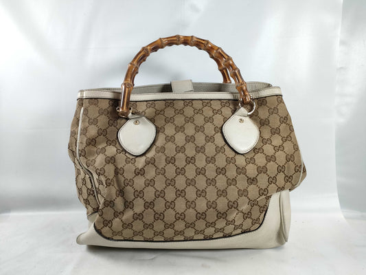 GUCCI Bamboo ID - Gucci GG Canvas Bamboo Canvas and Leather Tote Bag Beige and White 282317 Tote Bag