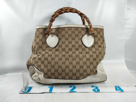 GUCCI Bamboo ID - Gucci GG Canvas Bamboo Canvas and Leather Tote Bag Beige and White 282317 Tote Bag