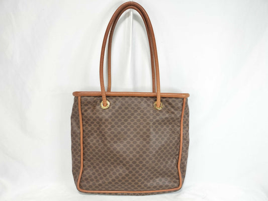 CELINE Macadam Brown Tote Bag with Gold Hardware and PVC and Leather.