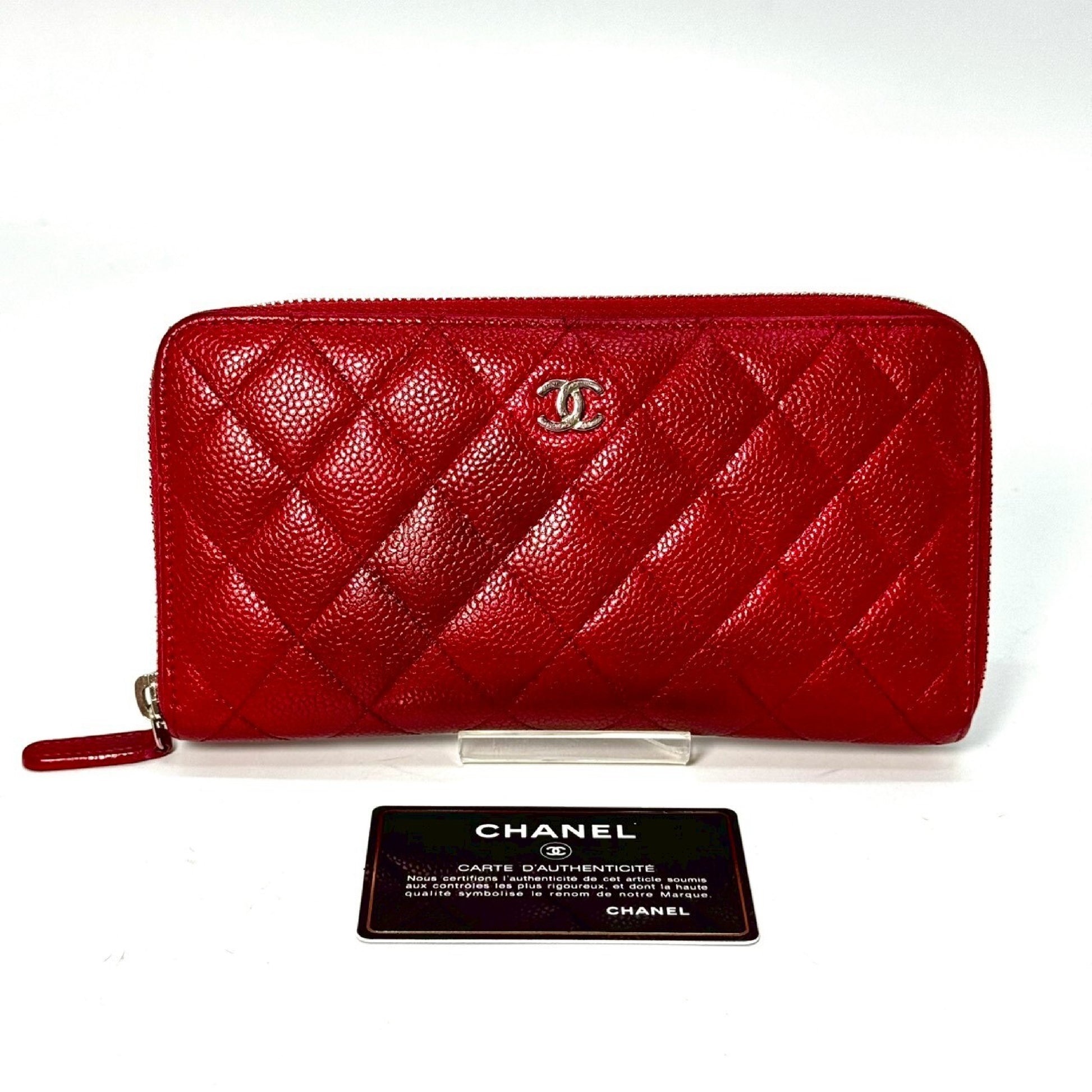CHANEL Matelasse Caviar Leather Coco Mark Round Zip Long Wallet Red 21583910 with Guarantee Card