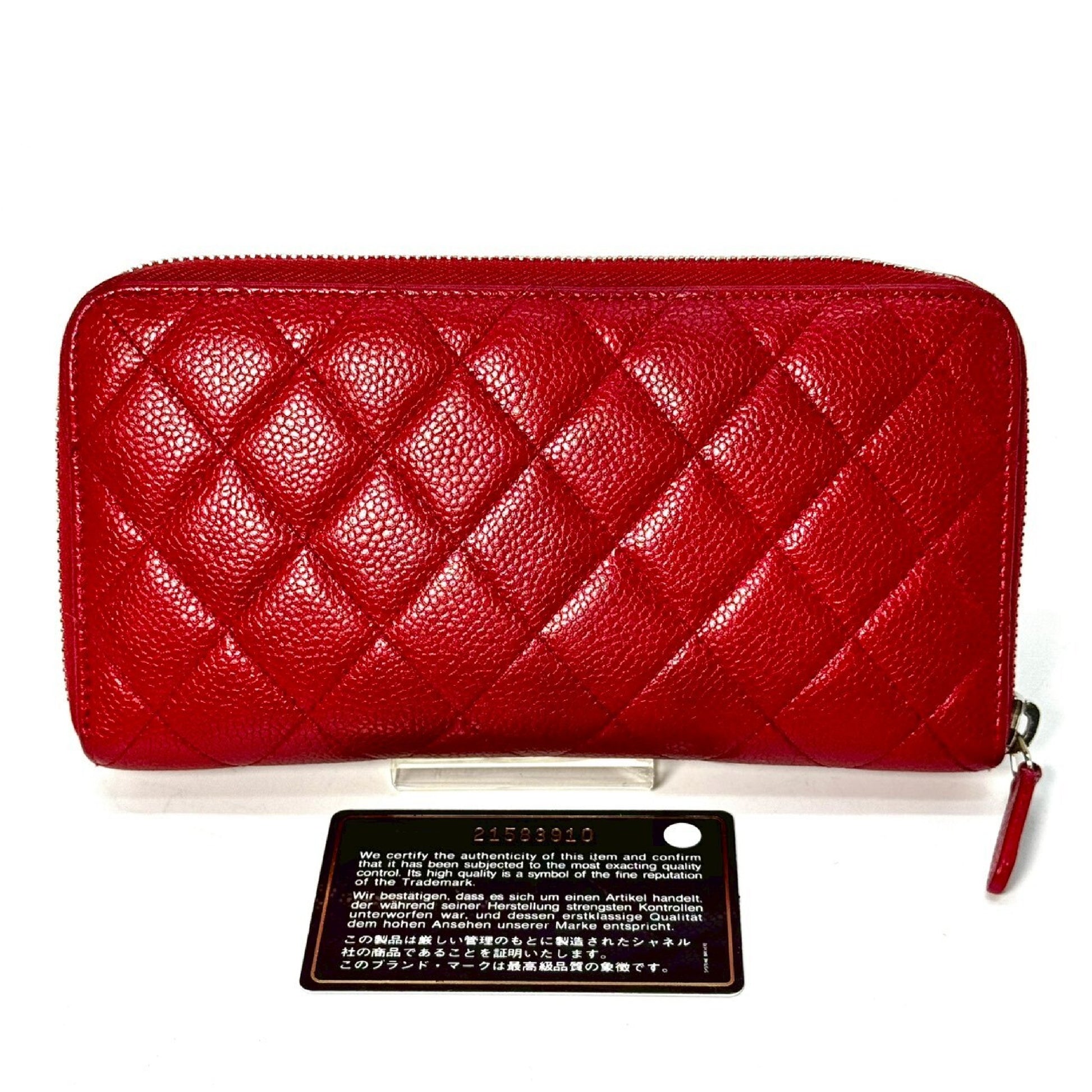 CHANEL Matelasse Caviar Leather Coco Mark Round Zip Long Wallet Red 21583910 with Guarantee Card