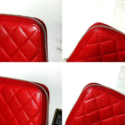 CHANEL Matelasse Caviar Leather Coco Mark Round Zip Long Wallet Red 21583910 with Guarantee Card