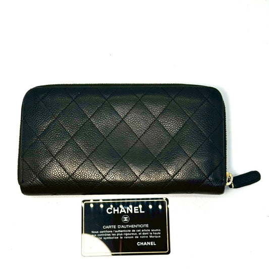CHANEL Matelasse Caviar Leather Coco Mark Round Zip Long Wallet Black 19550138 with Guarantee Card