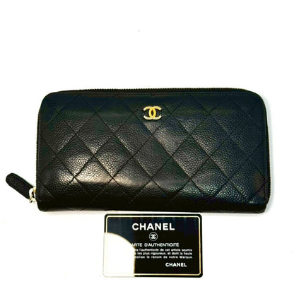 CHANEL Matelasse Caviar Leather Coco Mark Round Zip Long Wallet Black 19550138 with Guarantee Card