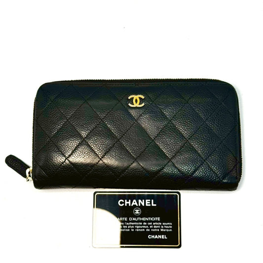 CHANEL Matelasse Caviar Leather Coco Mark Round Zip Long Wallet Black 19550138 with Guarantee Card