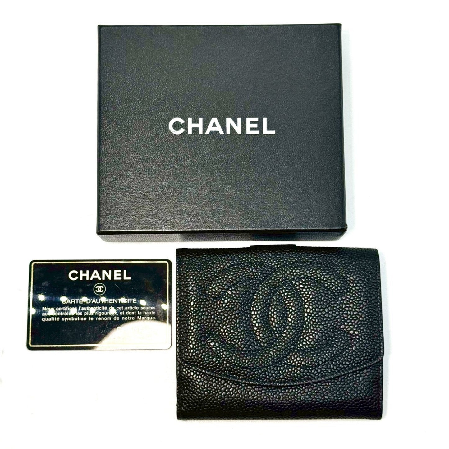CHANEL Coco Mark Caviar Skin Compact Wallet, Black, with Guarantee Card, 4168127, No Serial Number Seal
