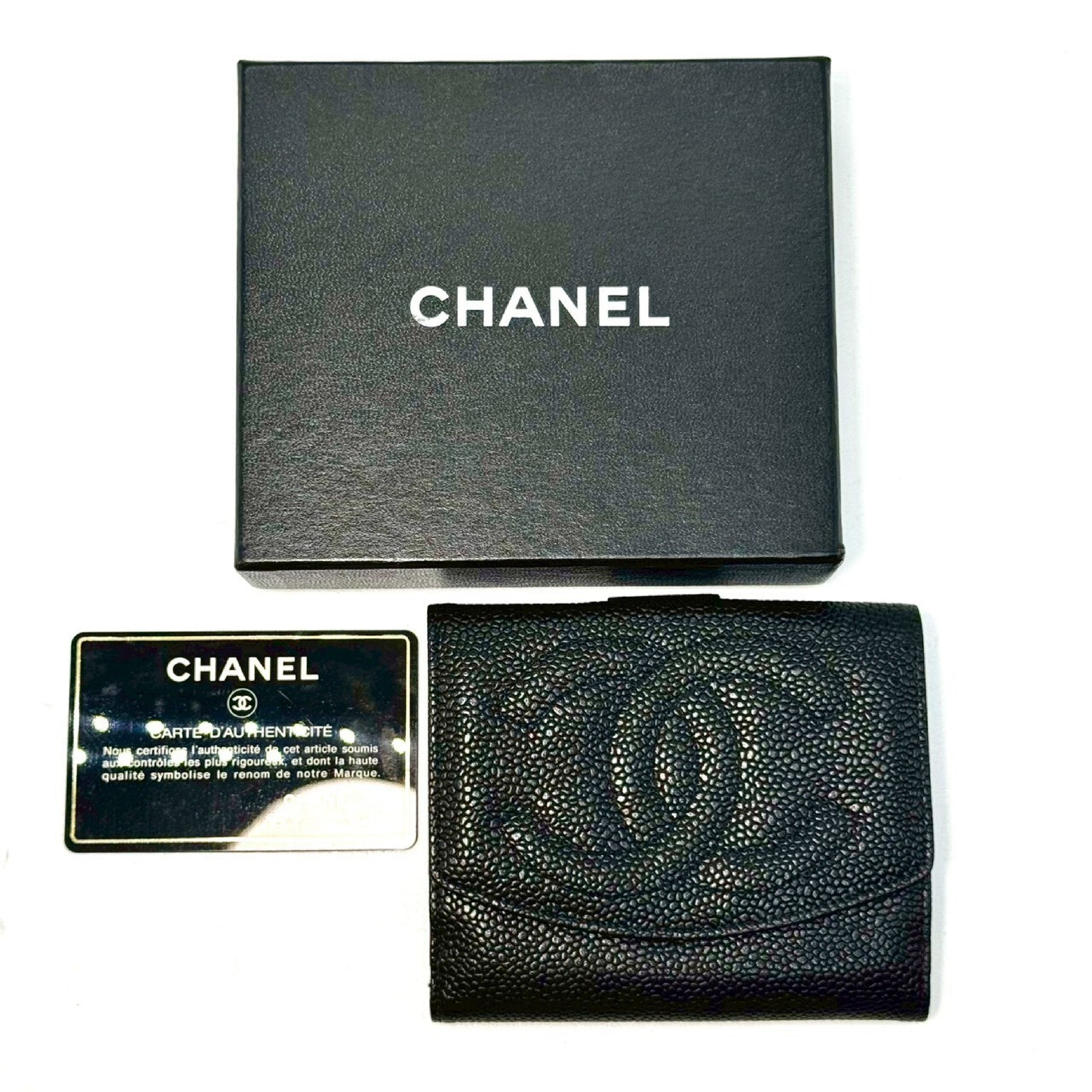 CHANEL Coco Mark Caviar Skin Compact Wallet, Black, with Guarantee Card, 4168127, No Serial Number Seal