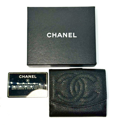 CHANEL Coco Mark Caviar Skin Compact Wallet, Black, with Guarantee Card, 4168127, No Serial Number Seal