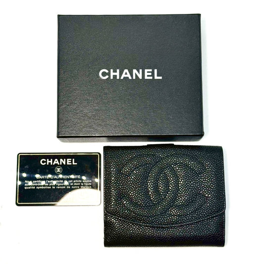 CHANEL Coco Mark Caviar Skin Compact Wallet, Black, with Guarantee Card, 4168127, No Serial Number Seal