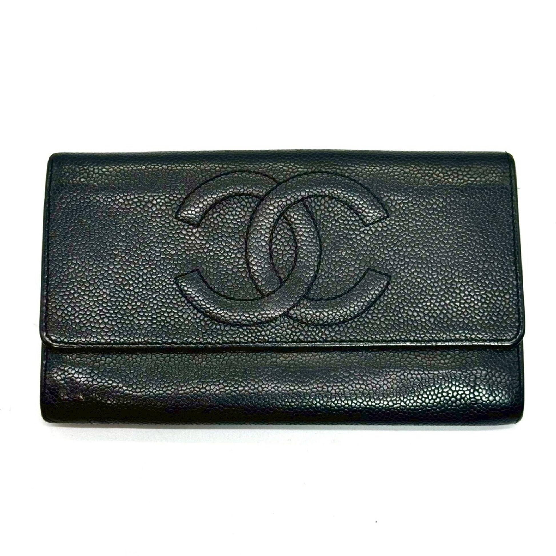 CHANEL Caviar Skin Coco Mark Tri-fold Long Wallet Black 