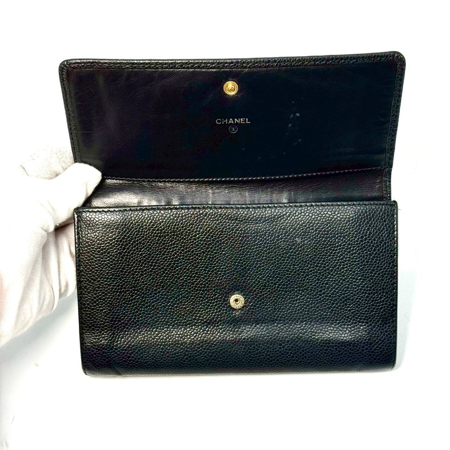 CHANEL Caviar Skin Coco Mark Tri-fold Long Wallet Black 