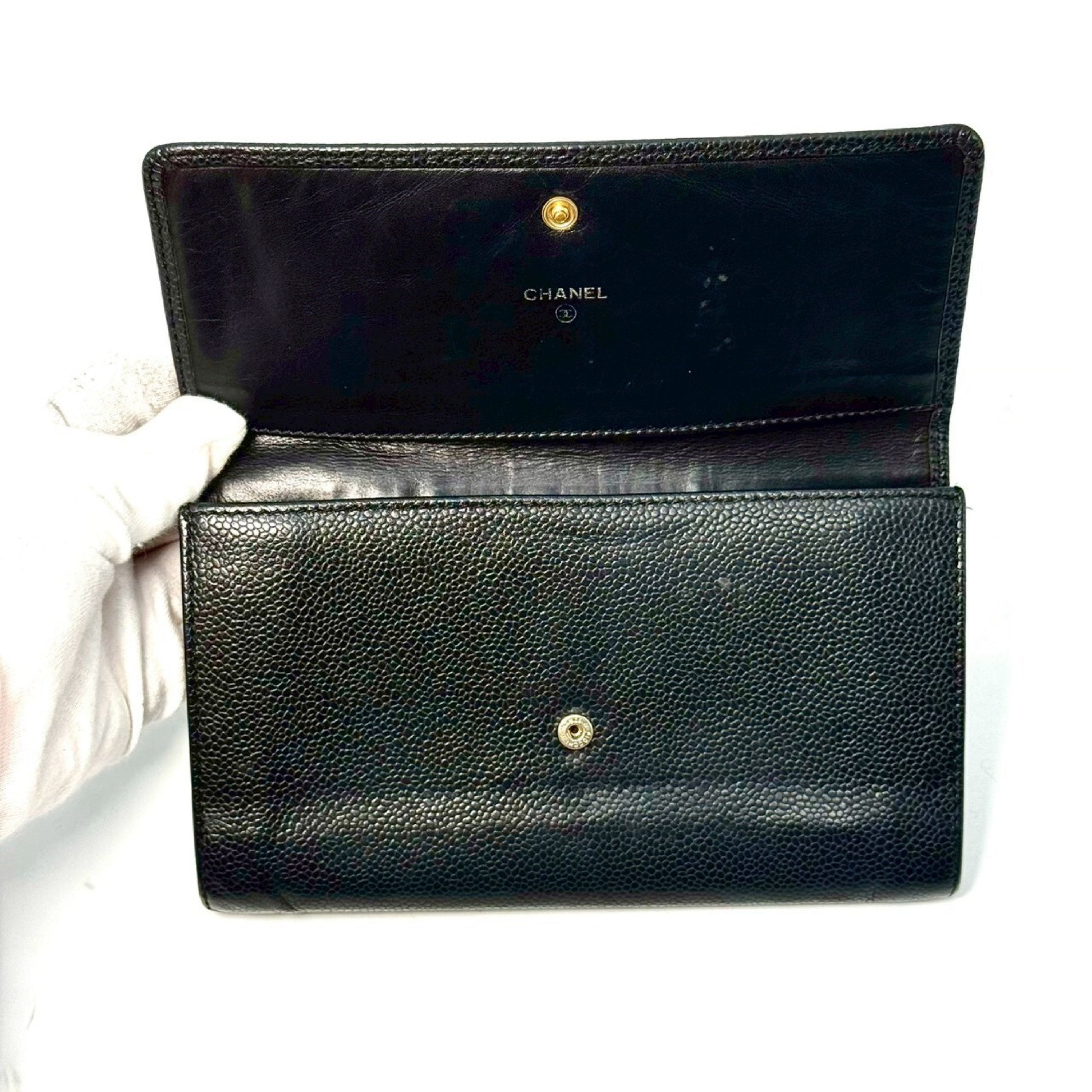 CHANEL Caviar Skin Coco Mark Tri-fold Long Wallet Black 