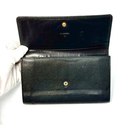 CHANEL Caviar Skin Coco Mark Tri-fold Long Wallet Black 