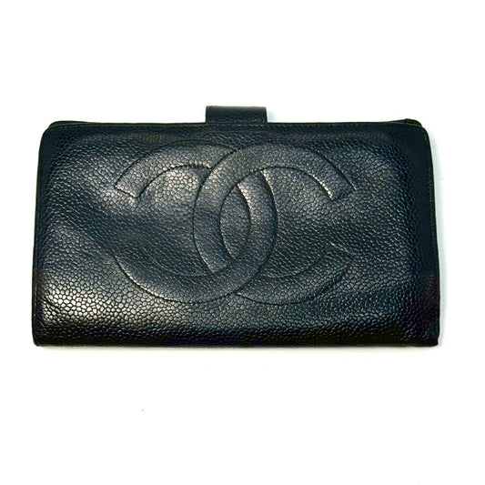 CHANEL Coco Mark Caviar Leather Bi-fold Long Wallet, Black, No Serial Number Seal