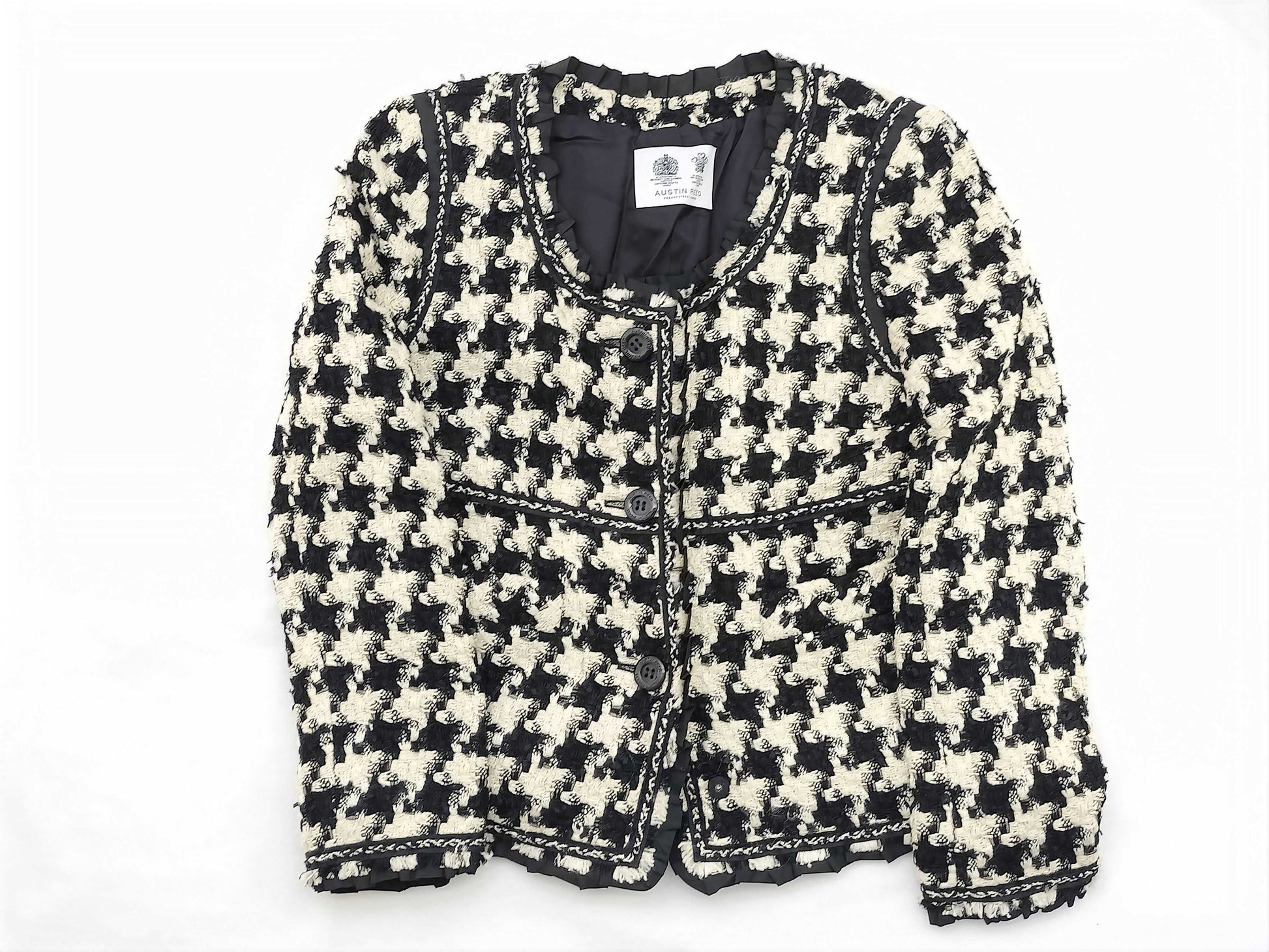 Austin Reed Collarless Jacket, Houndstooth Tweed, Ruffle, White and Black