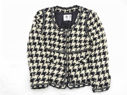 Austin Reed Collarless Jacket, Houndstooth Tweed, Ruffle, White and Black