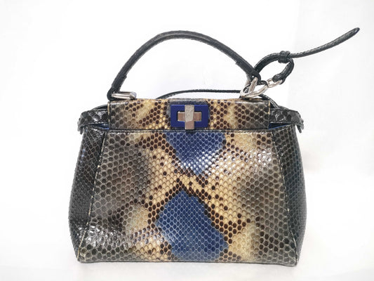 FENDI Peekaboo Mini Python Handbag in Black/Beige/Blue
