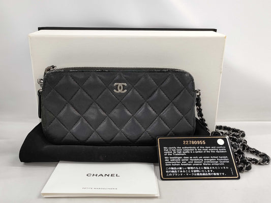 CHANEL Matelasse Chain Wallet Leather Black Shoulder Bag