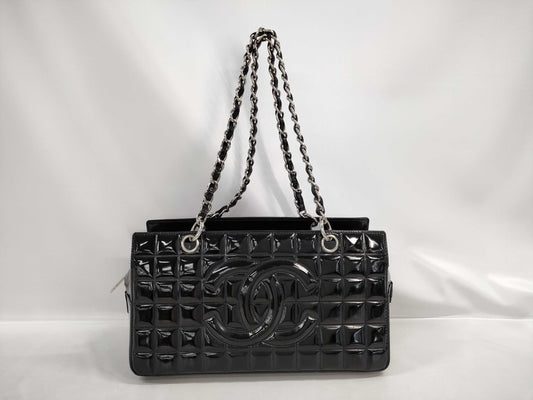 CHANEL CHANEL Chocolate Bar Enamel Chain Shoulder Bag with Silver Hardware and Coco Mark