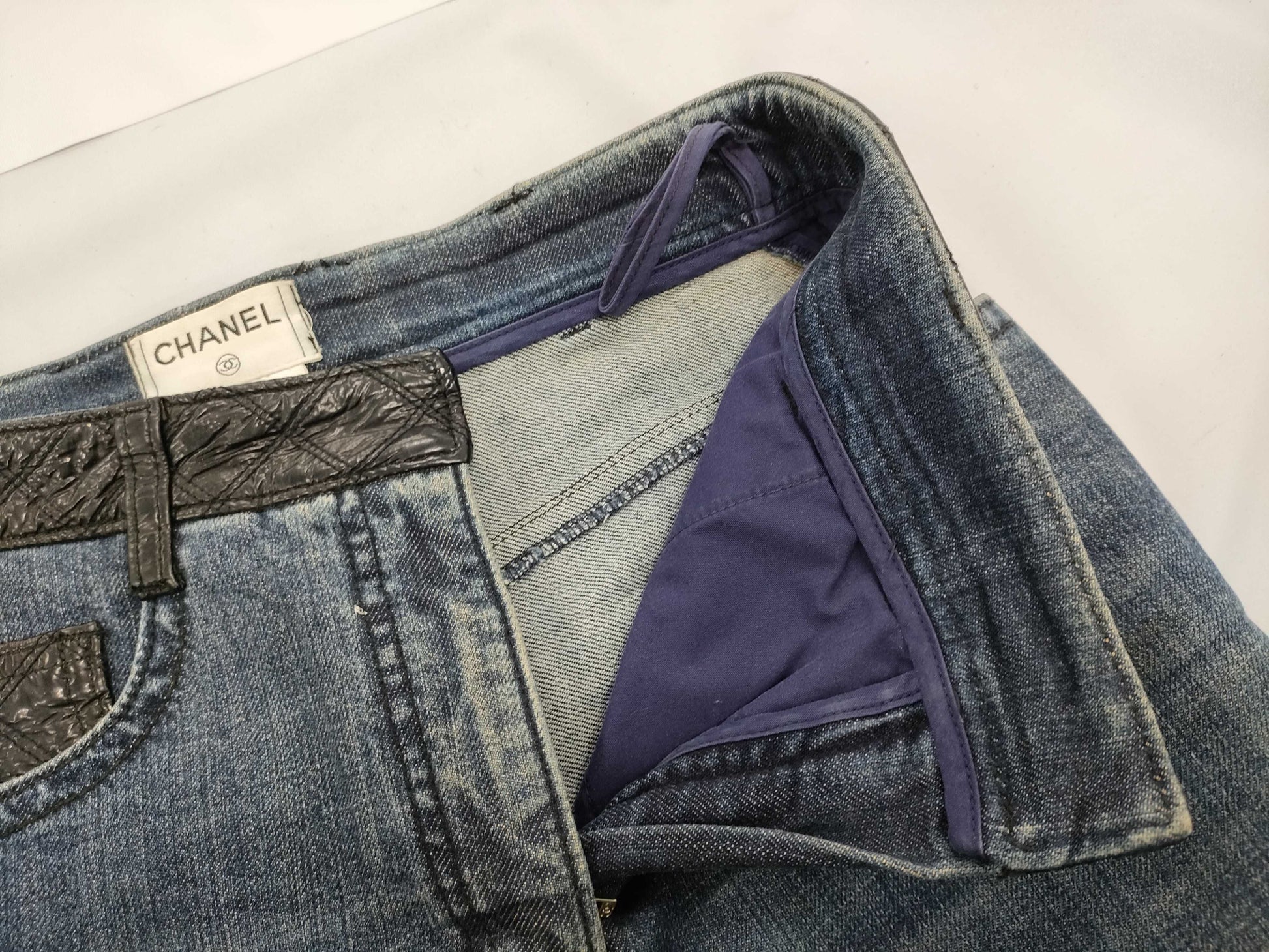 CHANEL Matelasse Leather Denim Pants, Size 38, Medium, Cotton, CHANEL Pants