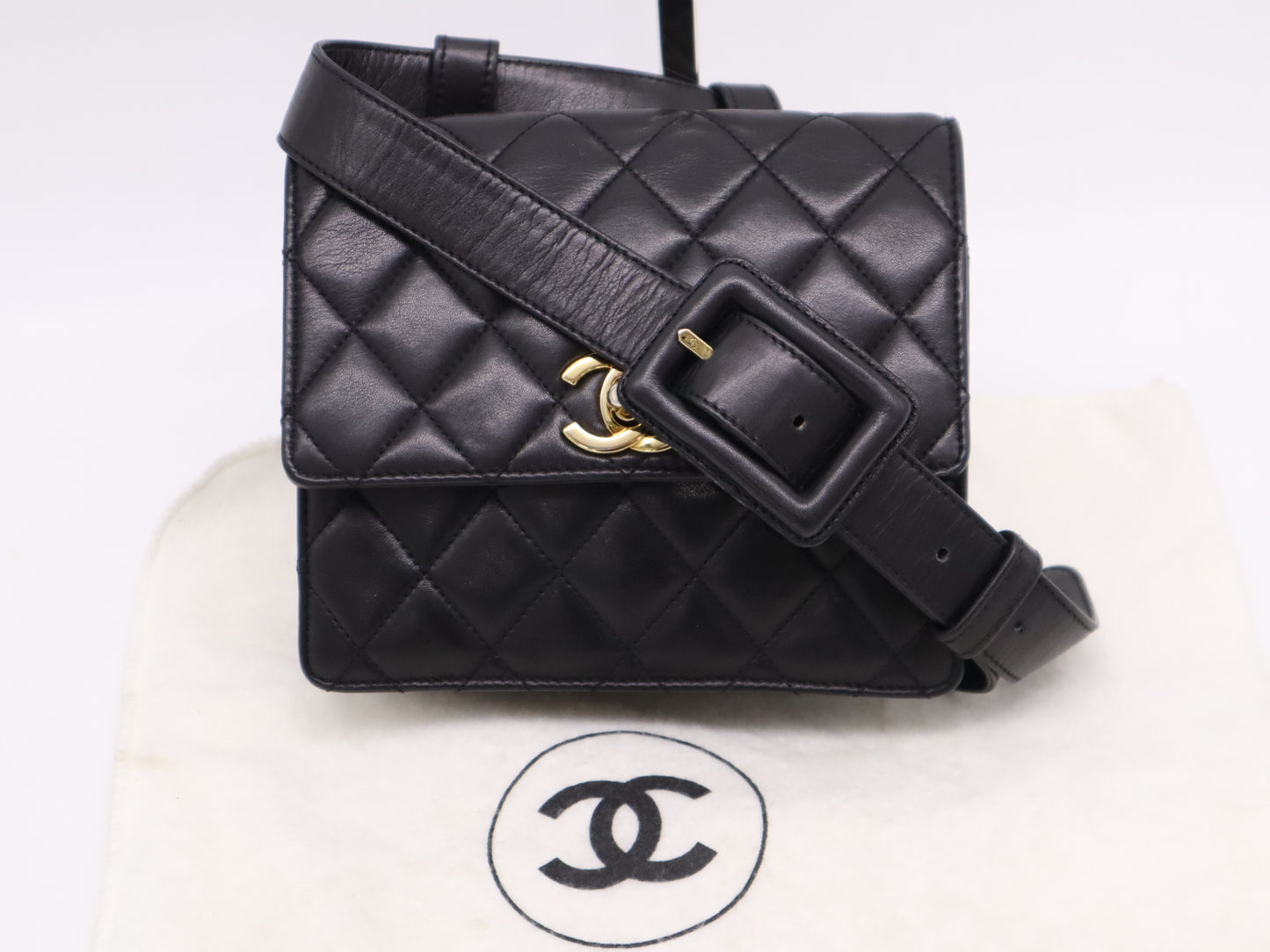 CHANEL Lambskin Waist Bag, Black, with Dust Bag, Seal, 1965557