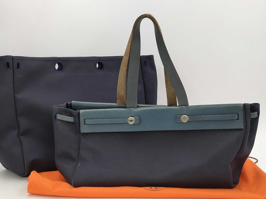 HERMES Cabas GM Handbag, 2002, Toile Officier, Silver Hardware, Navy, Includes Spare Bag and Dust Bag