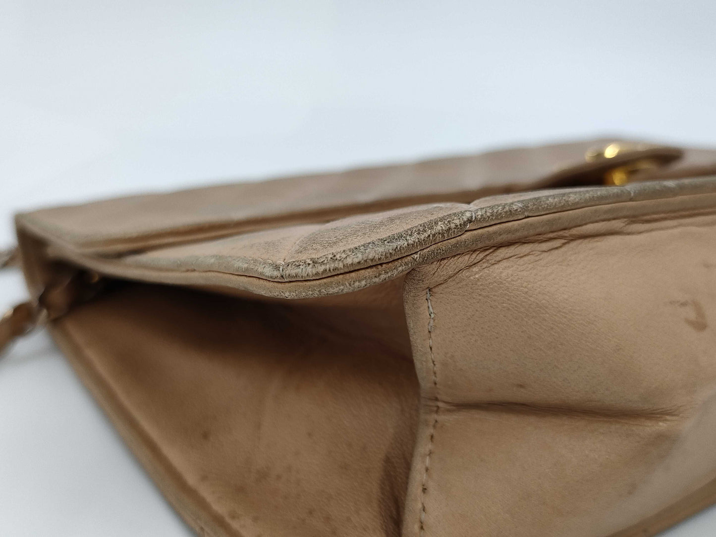 CHANEL Lambskin Matelasse 25 S Flap S Chain Push Lock Gold Hardware Beige Shoulder Bag