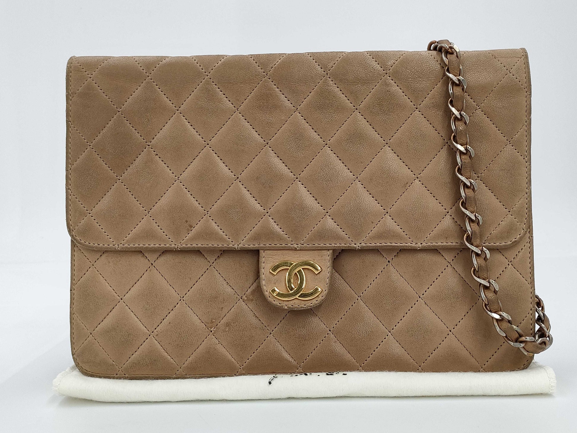 CHANEL Lambskin Matelasse 25 S Flap S Chain Push Lock Gold Hardware Beige Shoulder Bag