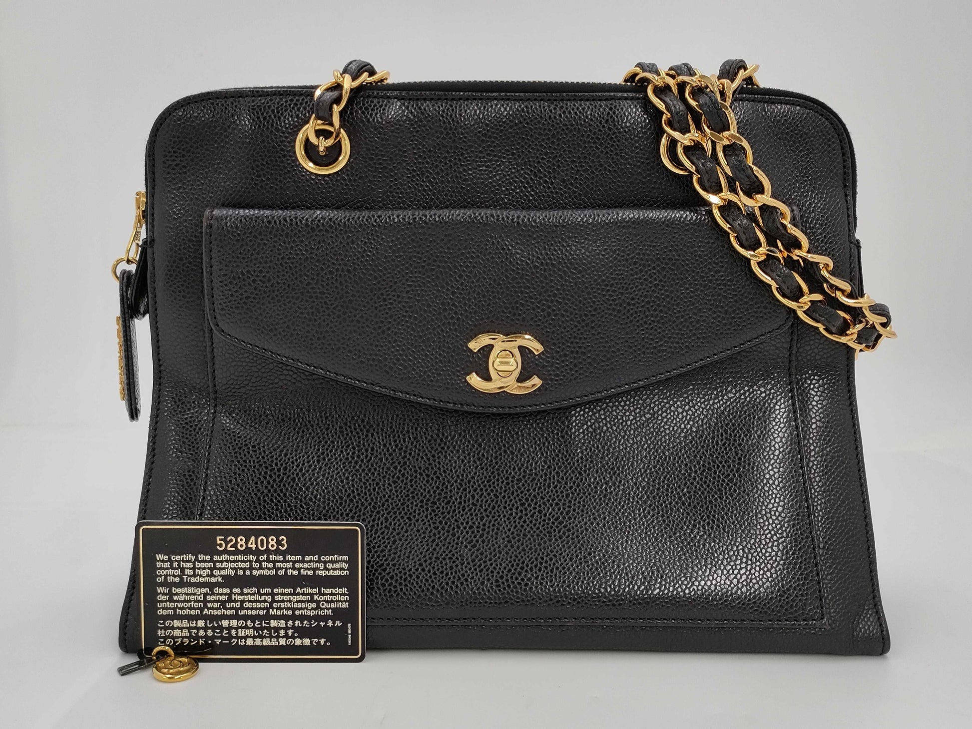 CHANEL Caviar Skin Chain Shoulder Bag with Coco Mark, GD Hardware, Black Seal, Card, 52844083, Card Included Tote Bag