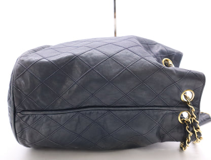 CHANEL Leather Bicolor Drawstring Chain Shoulder Bag in Navy with GD Hardware and Pouch Charm