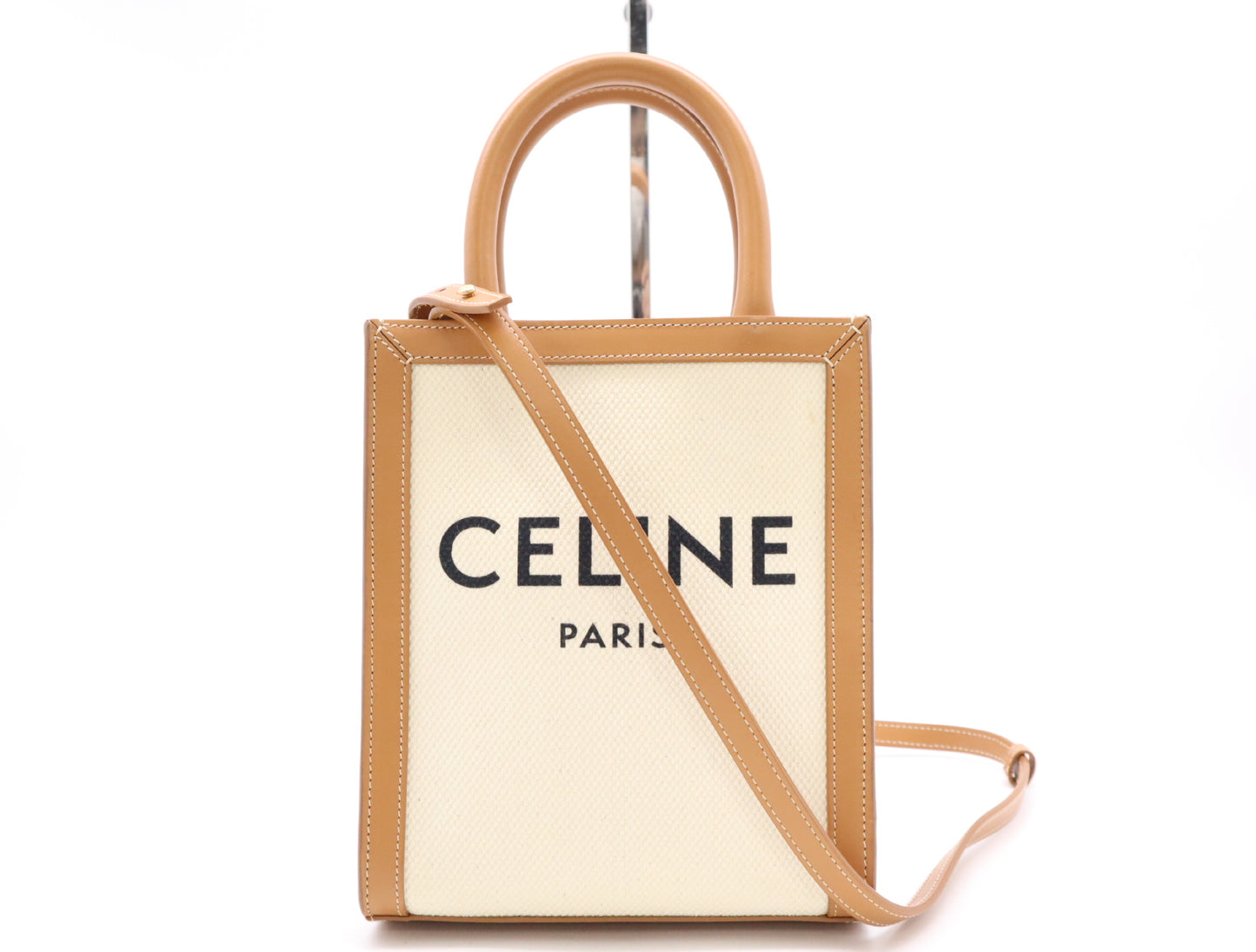 CELINE Mini Vertical Cabas 2-Way Shoulder Bag, Canvas and Leather, Beige and Brown, with Shoulder Strap