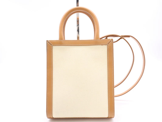 CELINE Mini Vertical Cabas 2-Way Shoulder Bag, Canvas and Leather, Beige and Brown, with Shoulder Strap