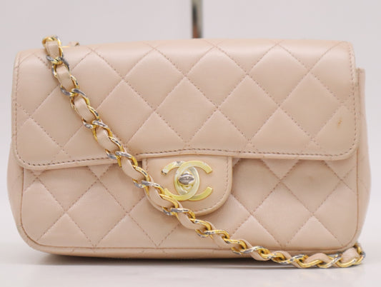 CHANEL Lambskin Mini Matelasse 19 Shoulder Bag, S-Flap, S-Chain, GD Hardware, Beige, Seal, 6681685