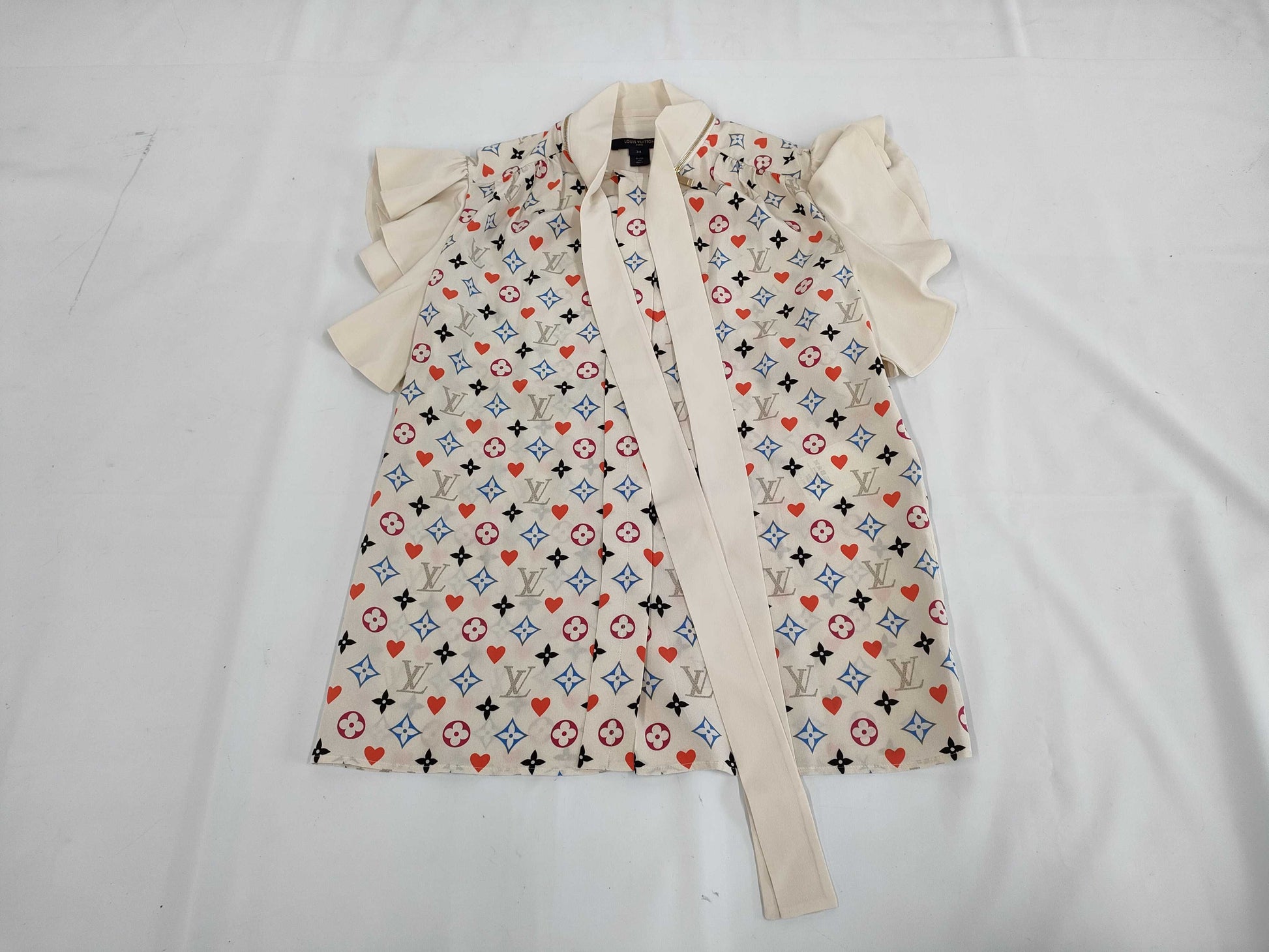 LOUIS VUITTON Game On Ruffle Bowtie Blouse, Size 34, Tops