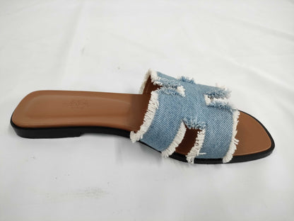 HERMES Oran Denim Sandals, Size 38 1/2
