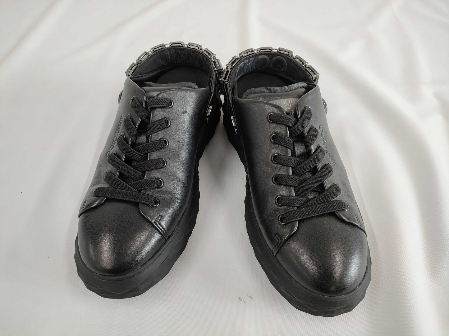 JIMMY CHOO Crystal Strap Nappa Leather Slip-On Sneakers, Size 39