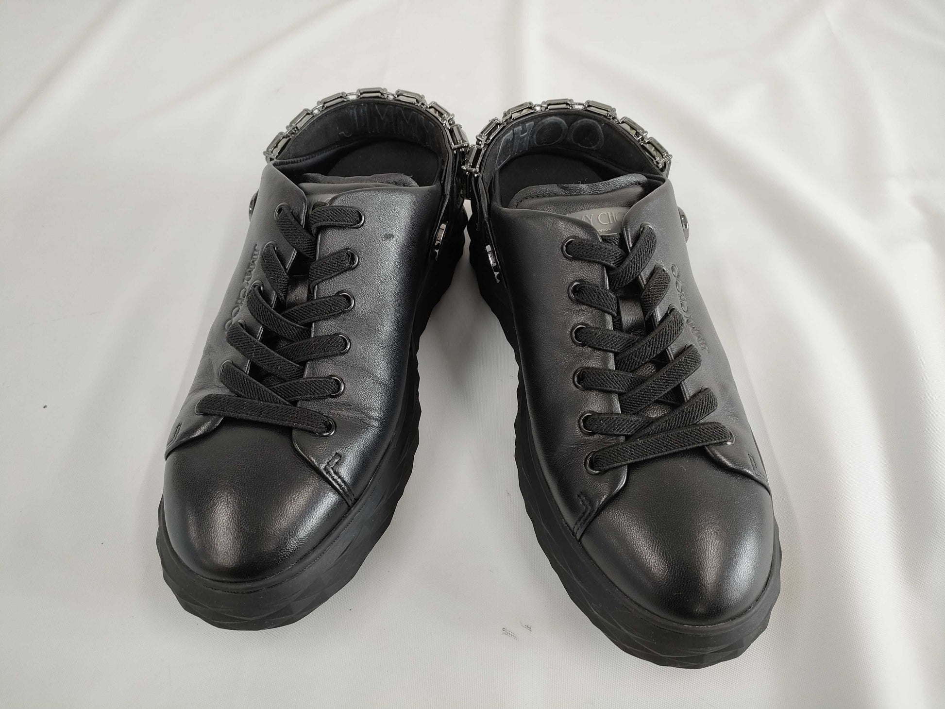 JIMMY CHOO Crystal Strap Nappa Leather Slip-On Sneakers, Size 39